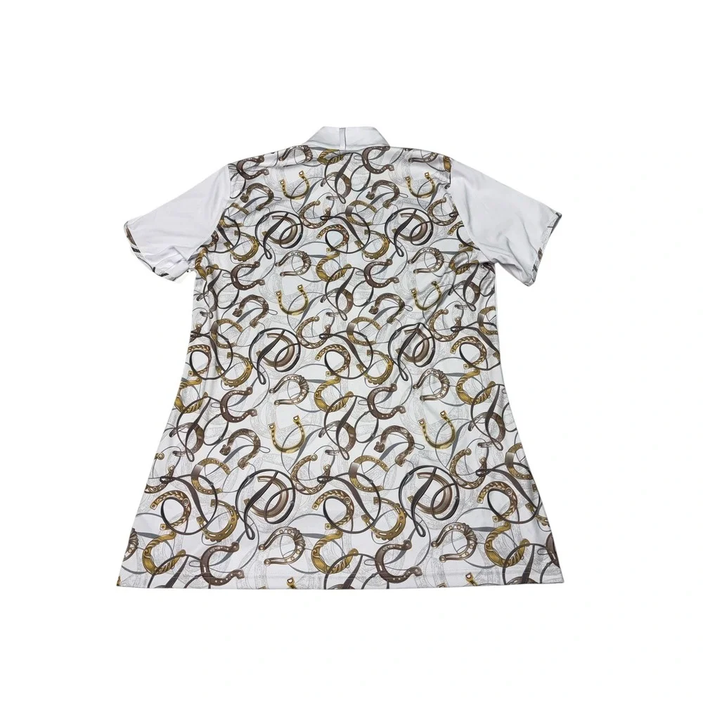 NWT Arista Equestrian Lucky Shirt White Horseshoe Print Zip Polo Top Womens L - Picture 6 of 8